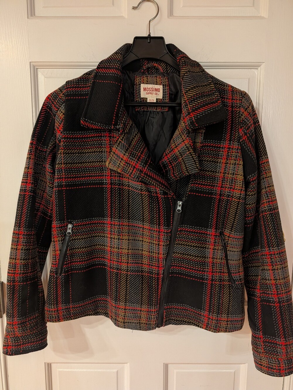 Women's Mossimo Supply Co Red Green & Black Plaid Fall Moto Zipper Jacket Sz XL